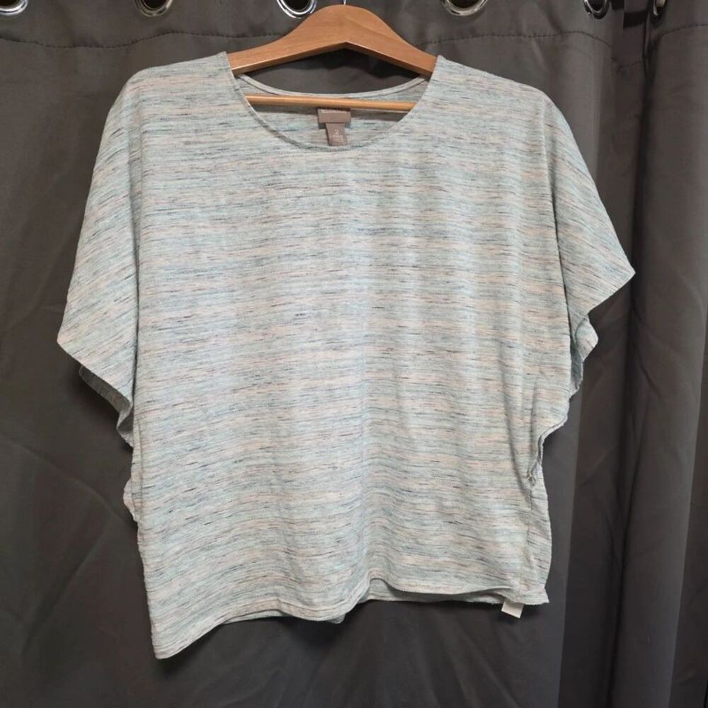 Chico’s Size 2 Blue Gray Striped Dolman Sleeve Knit Top Pullover